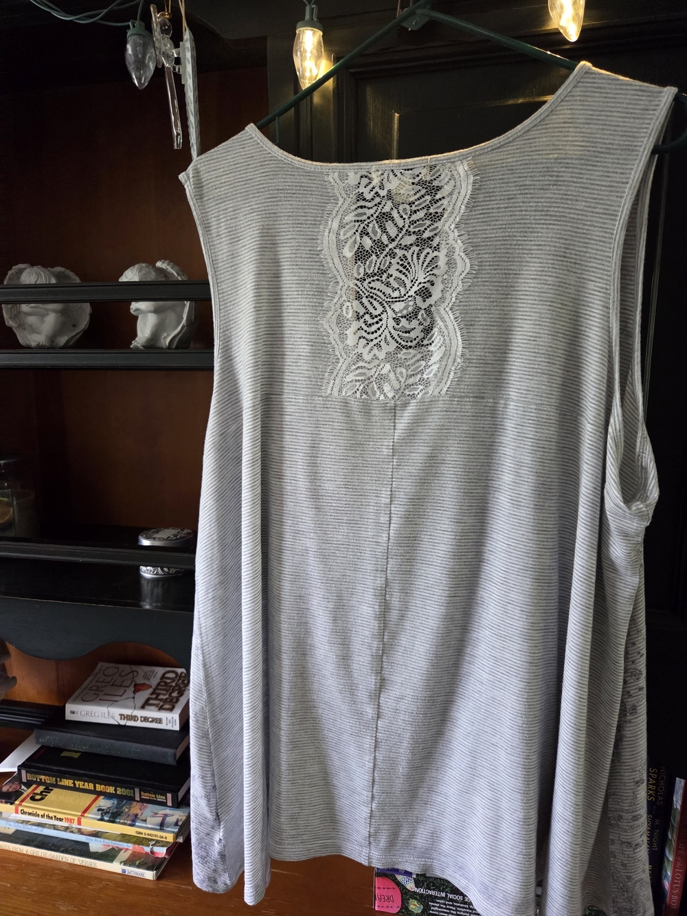 ONE WORLD Striped Lace-Back Tank Top - Light Gray & White
